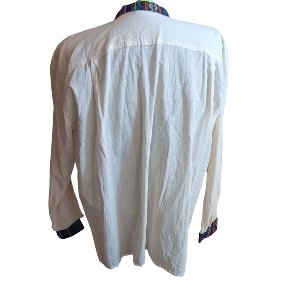 2XL Mens Guatemalan Long-Sleeve White Cotton Shirt Multicolor Striped Accent - Picture 5 of 9